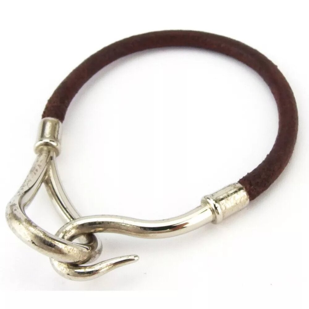 HERMES bracelet leather ?~ Silver Material Authentic used T18046